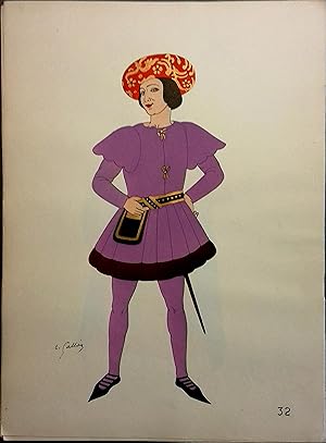 Costume d'homme sous les Valois. XIVe siècle. Gravure en couleurs extraite du portfolio d'Emile G...