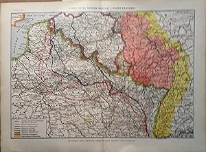 Carte en couleurs de la Grande Guerre. Front français. Carte double page extraite du Larousse uni...