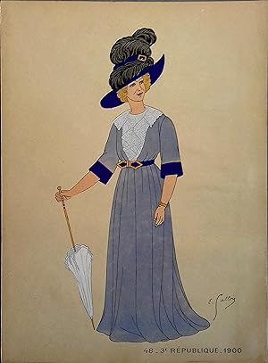 Costume de femme sous la 3e République. 1900. Gravure en couleurs extraite du portfolio d'Emile G...