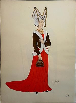 Costume de femme noble sous les Valois. XVe siècle. Gravure en couleurs extraite du portfolio d'E...