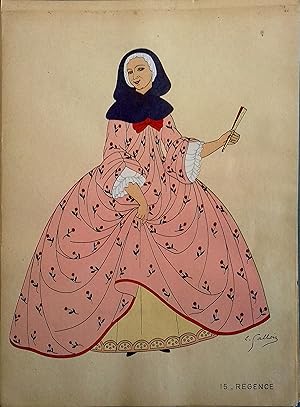 Costume de femme sous la Régence. Gravure en couleurs extraite du portfolio d'Emile Gallois : "Le...