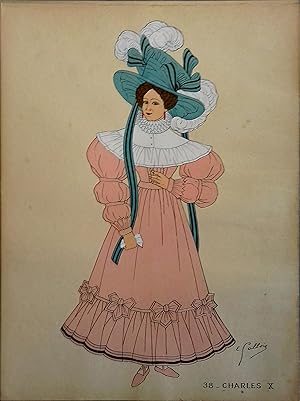 Costume de femme sous Charles X. Gravure en couleurs extraite du portfolio d'Emile Gallois : "Le ...