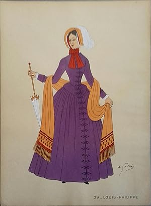 Costume de femme sous Louis-Philippe. Gravure en couleurs extraite du portfolio d'Emile Gallois :...