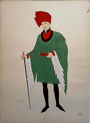 Costume de bourgeois sous les Valois. XVe siècle. Gravure en couleurs extraite du portfolio d'Emi...