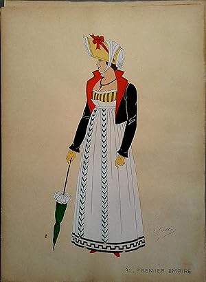 Costume de femme sous le Premier Empire. Gravure en couleurs extraite du portfolio d'Emile Galloi...