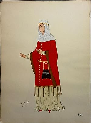 Costume de femme sous les Capétiens. XIVe siècle. Gravure en couleurs extraite du portfolio d'Emi...