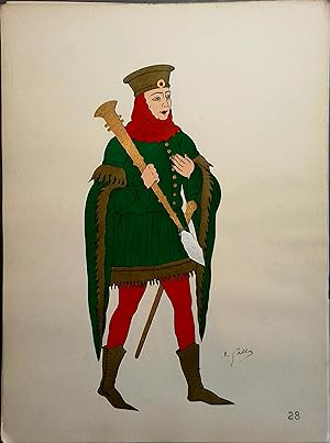 Costume de sergent d'armes sous les Valois. XIVe siècle. Gravure en couleurs extraite du portfoli...