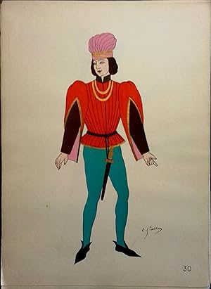Costume de jeune élégant sous les Valois. XIVe siècle. Gravure en couleurs extraite du portfolio ...