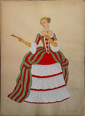 Costume de femme sous Louis XV. Gravure en couleurs extraite du portfolio d'Emile Gallois : "Le C...
