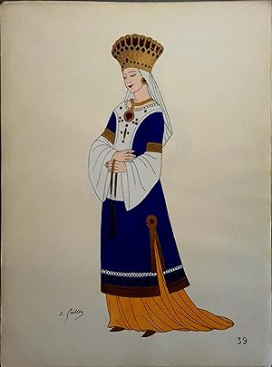 Costume de femme noble sous les Valois. XVe siècle. Gravure en couleurs extraite du portfolio d'E...