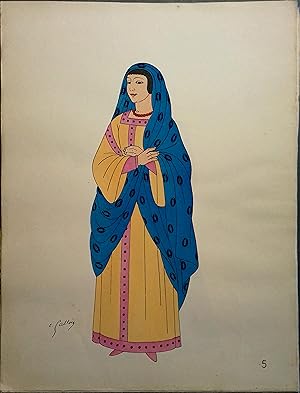 Costume de femme sous les Carlovingiens. VIIIe siècle. Gravure en couleurs extraite du portfolio ...