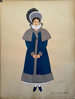Costume de femme sous Louis XVIII. Gravure en couleurs extraite du portfolio d'Emile Gallois : "L...
