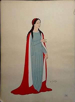 Costume de femme sous les Capétiens. XIVe siècle. Gravure en couleurs extraite du portfolio d'Emi...