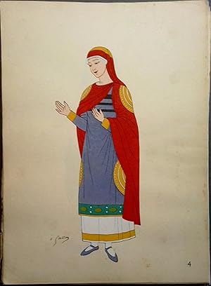 Costume de femme sous les Mérovingiens. VIe siècle. Gravure en couleurs extraite du portfolio d'E...