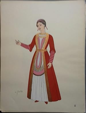 Costume de femme sous les Carlovingiens. IXe siècle. Gravure en couleurs extraite du portfolio d'...