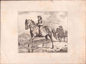 Serious boy on a horse crossing a stream. Original etching.