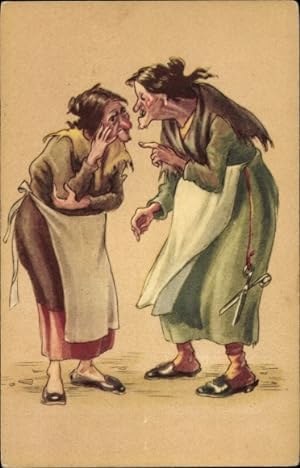 Ansichtskarte / Postkarte Zwei alte hässliche Frauen beim Tratschen