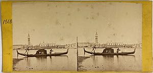Italie, Venise, Molo avec Palais Ducal et Gondole, vintage stereo print, ca.1865