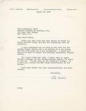 Original ribbon typescript copy letter signed from Eric Ambler to the Mystery Writers of America,...
