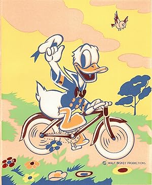 DONALD DUCK WALKING TO SCHOOL and DONALD DUCK RIDING A BICYCLE [Pair of Donald Duck Pochoir Prints]