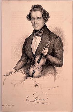 Portrait. Porträt, Halbfigur, Brustbild sitzend nach links mit Geige und Bogen. Lithographie.