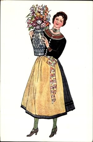 Ansichtskarte / Postkarte Alpenländisches Dirndlkostüm, Frau in Tracht, Blumenvase, Blumen