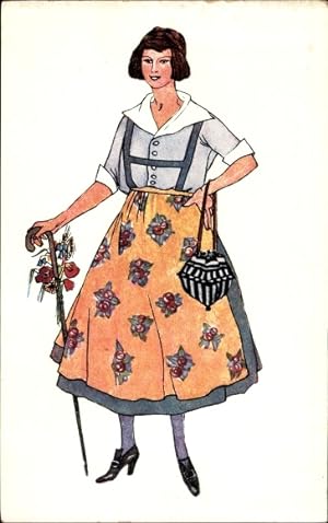 Ansichtskarte / Postkarte Alpenländisches Dirndlkostüm, Frau in Tracht, Gehstock