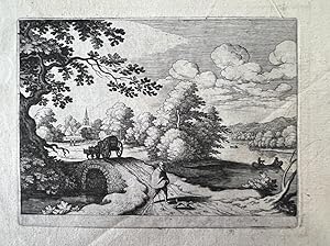 Original etching, wine | Landscape with wagon with wine barrel / Fasswagen auf Steinbrückchen, 1 p.