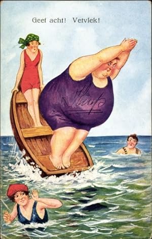 Ansichtskarte / Postkarte Achtung Fettfleck, dicke Frau im Badeanzug will ins Wasser springen