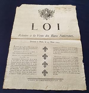 Placard révolutionnaire - Loi relative à la vente des Biens Nationaux - Donnée à Paris le 25 Mars...