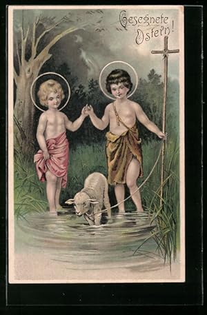 Ansichtskarte Gesegnete Ostern, Kinder mit Lämmchen