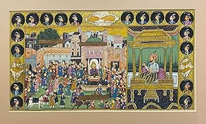 [INDIAN PAINTING: AN IMAGINARY "DYNASTIC" SCENE WITH IMAGINARY WRITING]. Painted in gold and colo...