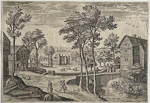 Antique print, engraving I View on the road to Laeken in Belgium, published ca. 1550, 1 p.