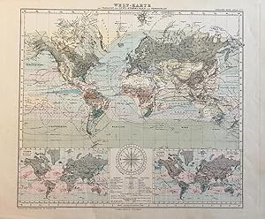 Cartography World 1881 | Coloured world weather map: Welt-karte zur übersicht der Luft-Strömungen...