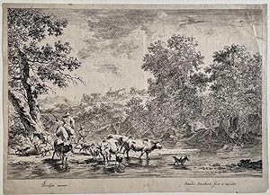 Antique print, etching | Italianate landscape with shepherds by a river, published ca. 1650, 1 p.