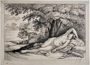 Antique print, etching I Huntress Diana sleeping (Diana goding van de jacht) , published ca. 1644...