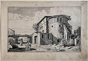 Antique print, etching I Two couples walking among ruins, published 1616, 1 p.