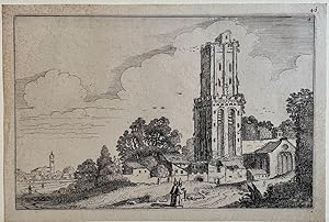 Antique print, etching I Dilapidated church-tower surrounded by houses, published 1616, 1 p.