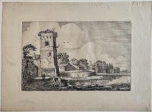 Antique print, etching I A ferry with sheep near a tower in a river landscape, published before 1...