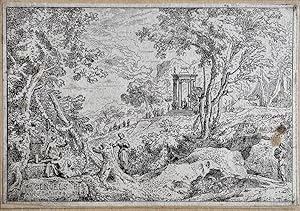 2 antique prints, etching I Arcadian landscapes (Arcadisch, utopisch landschap), published ca. 16...