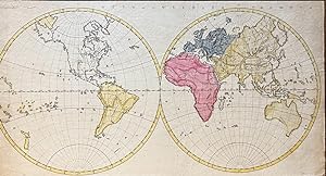 Cartography zodiac signs | Worldmap with two globes next to each other, in color, pasted on cardb...