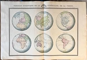 Cartography World 1860 | Coloured Tableau synoptique de la spheriticite de la terre, six part ove...