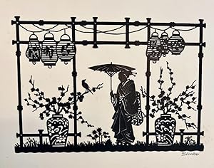 Paper Art ca 1930 | Willy Blecke: Chinese woman with umbrella and bird, Chinese lampions (Chinese...
