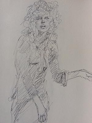 Original Pen Drawing of Young Woman with Frizzy Hair in a Long Shirt.