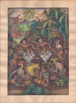 Balinese dancers and musicians. Original watercolor