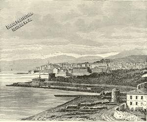 Bastia on the northeastern coast of the French island of Corsica,1881 Antique Historical Print