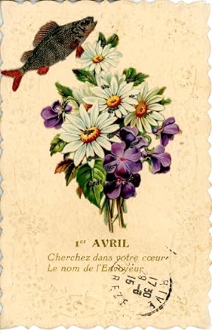 Präge Ansichtskarte / Postkarte Glückwunsch 1. April, Blumenstrauß, Margeriten, Fisch