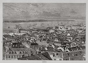 Landscape View of Lisbon in Portugal ,1881 Antique Historical Print