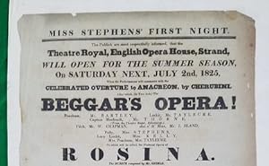 Theater playbill for Miss Stephens' First Night . July 2nd, 1825 . Beggars Opera . Rosina . Spoil...