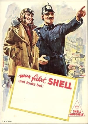 Künstler Ansichtskarte / Postkarte Man fährt Shell, Autofahrerin, Polizist, Reklame Shell Auto-Öle